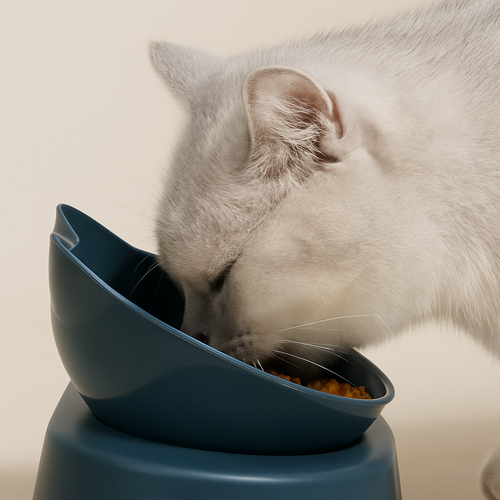 Bloomvell PurrFeast – 3-in-1 Tilted Cat Bowl Set with Gravity Water Feeder