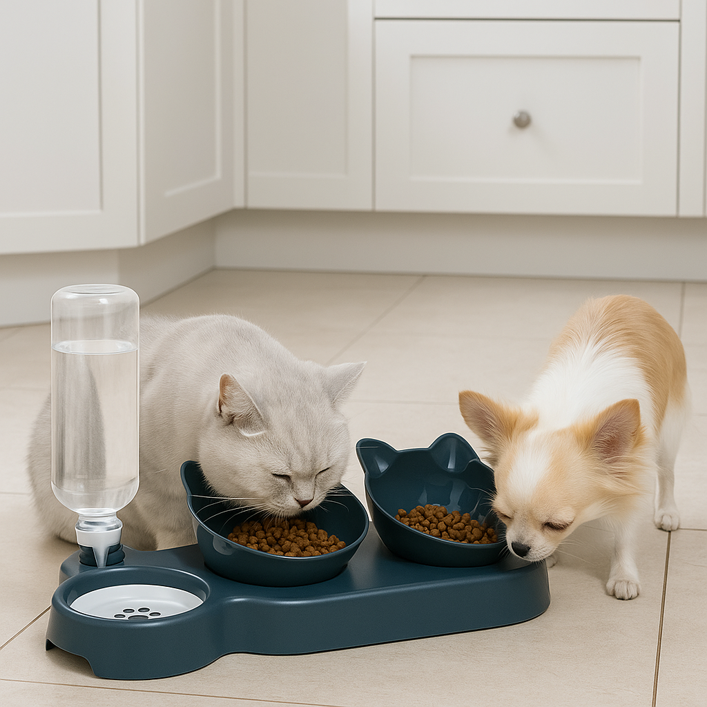 Bloomvell PurrFeast – 3-in-1 Tilted Cat Bowl Set with Gravity Water Feeder